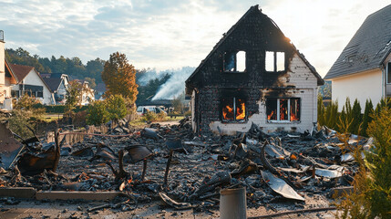 burned down house with visible fire damage and debris, highlighting destruction and risk, property insurance claims for damage and risk assessment,