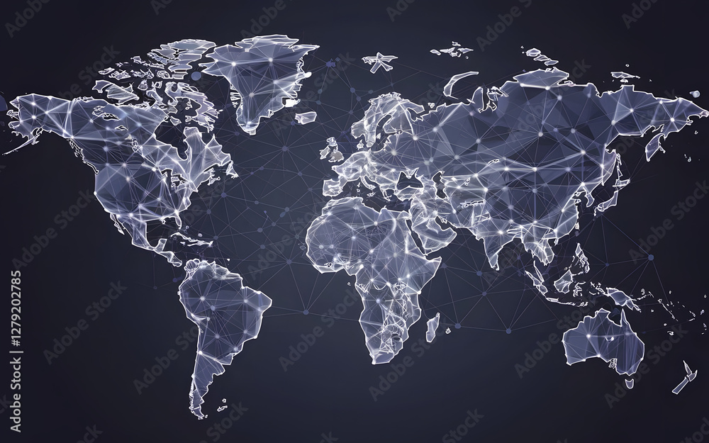 Poster global network: a stylized world map overlaid with a network of interconnected lines and nodes, repr