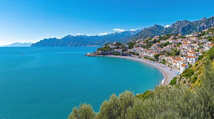 Naklejka premium Coastal village nestled on a pebble beach, turquoise waters, mountains in background. Bright sunny day, scenic panoramic view. Mediterranean