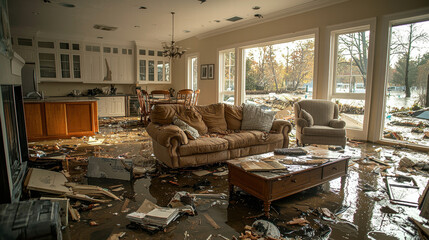 Flood damaged living room with debris and water soaked furniture, showing severe property damage, property insurance claims for damage and risk assessment,