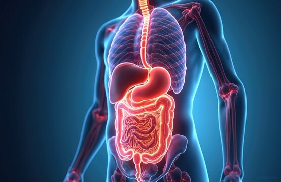 3D anatomical illustration of human body with highlighted digestive system, lungs, veins. Medical diagram includes stomach, liver, bowel, large intestine, pancreas, rectum. Educational infographic