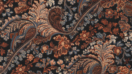 Elegant Floral Textile: An exquisite textile pattern showcasing a symphony of meticulously detailed floral and paisley motifs.