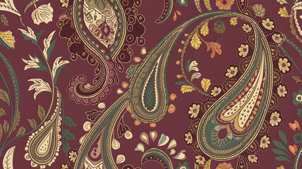 Paisley Pattern: a close-up of a seamless pattern, offering a rich and detailed illustration of the iconic teardrop-shaped motifs in warm colors.