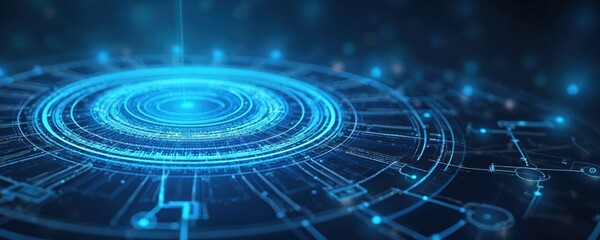 Fototapeta premium Abstract tech background with blue glowing circle. Tech innovation, cyberspace concept. Futuristic design with digital elements, laser light, and engineering circuits. Modern science abstract image.