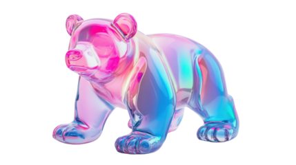 A sleek plastic bear with an iridescent pink and blue sheen, reflective details on its paws and nose, isolated against a pure white background.