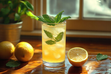 a refreshing drink in a tall glass filled with ice, with mint wedges and an amber-colored liquid, presumably lemonade or a mojito 