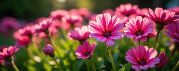 Pink dianthus flowers in a garden bed with sunlight and shadows, dianthus, flowers, shadow