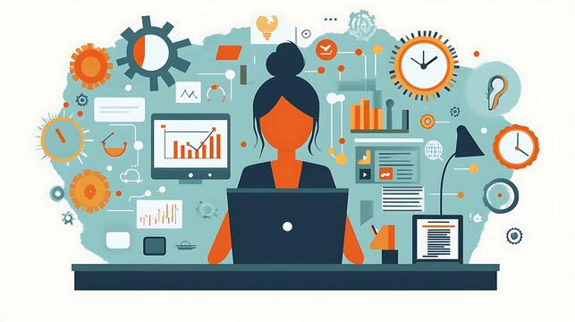 Woman works on laptop, busy office