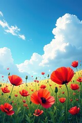 Fototapeta premium Poppies against a blue sky with fluffy white clouds, art, nature