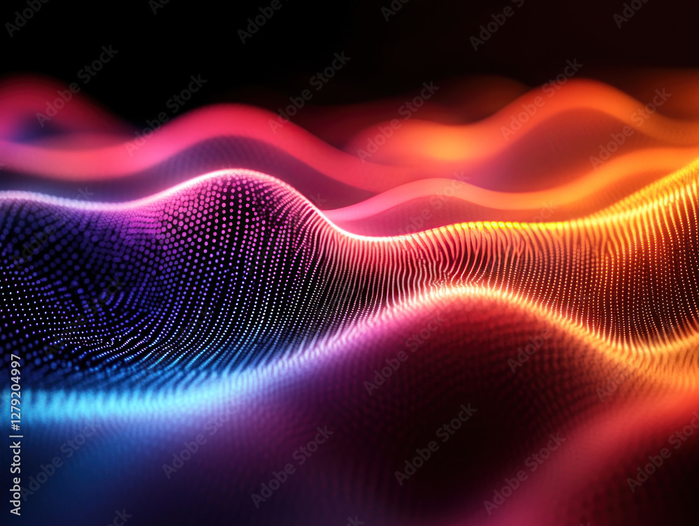 Poster an abstract digital image that represents wave-like structures consisting of many glowing dots.