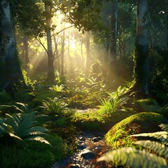 Obraz premium Sunrise Golden Light Forest Scene Vibrant Moss Ferns Ground