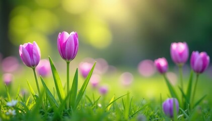 Fototapeta premium Purple bulb flowers blooming in a meadow with soft focus effect and greenery, grass, garden