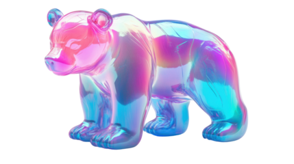 A sleek plastic bear with an iridescent pink and blue sheen, reflective details on its paws and nose, isolated against a pure white background.