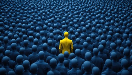 Obraz premium Individual in Yellow Among a Sea of Uniform Blue Figures