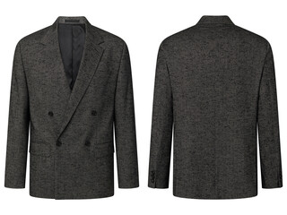 Portrait of men's suit jacket ( blazer ) isolated in white background, invisible ghost mannequin. Fashion industry high-quality studio shot photography. Front and back view.