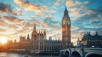 Obraz premium Stunning view of iconic Big Ben and Houses of Parliament at sunset, showcasing beautiful architecture and vibrant sky