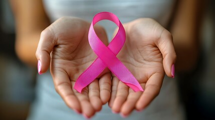Woman's hands hold pink ribbon