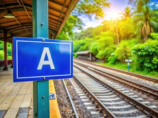 Blue Wooden Railway Station Sign, Close Up, Green Leaves Background, Travel, Platform Signage