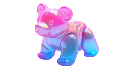 A shiny, plastic bear toy with an iridescent gradient from pink to blue, featuring reflective highlights on its fur, isolated on a white backdrop.