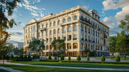 grand historic building with elegant architecture, surrounded by lush greenery and clear blue sky, exuding sense of sophistication and charm