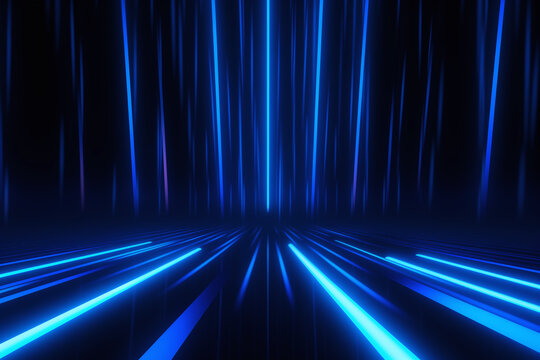 Minimalist blue glowing neon streaks create smooth, futuristic atmosphere. vibrant lines extend into distance, evoking sense of depth and motion