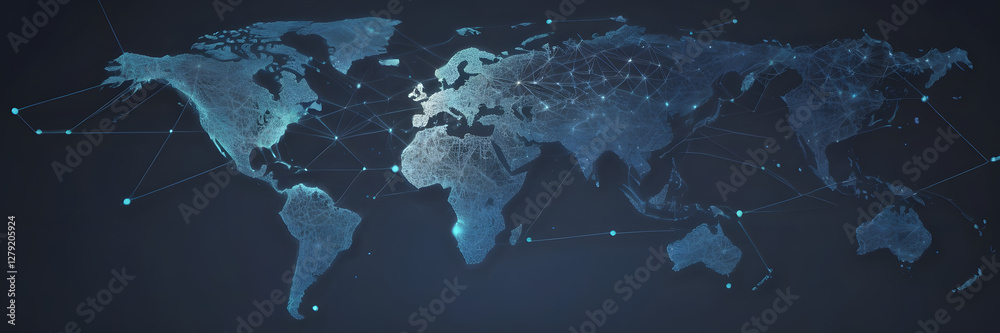 Poster global network: a digital representation of the world map, interconnected with glowing lines and dot