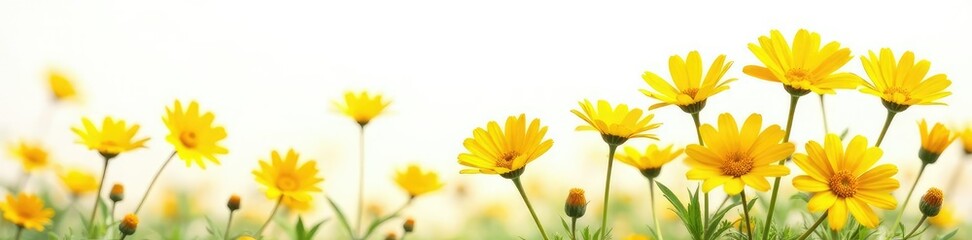 Small bunch of bright yellow daisies on white background, blooms, landscape