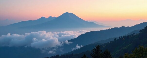 Fototapeta premium Smoke and fog rising from a mountain peak in the morning light, serene landscapes, nature