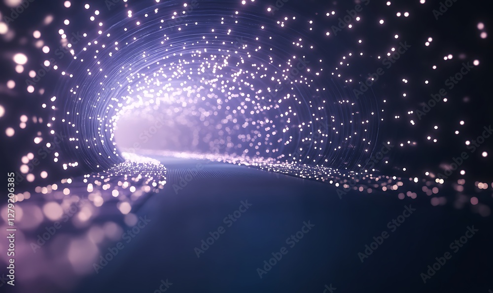 Poster Digital artwork depicting a vibrant neon tunnel filled with floating lights, ideal for creative projects.