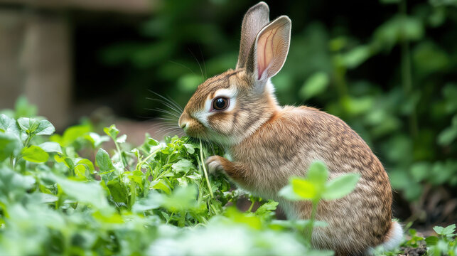 rabbit nibbling on fresh greens in lush garden setting, showcasing its natural habitat and playful demeanor