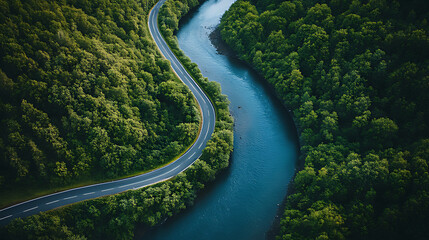 Aerial View of Curved Road Following River Amidst Lush Green Forest