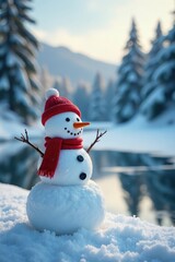 Obraz premium Snowman in the background of a serene snowy forest, peaceful, frozen lake, forest