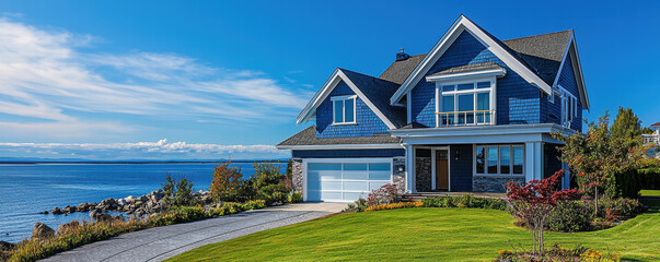 Insurance coverage for property damage and risk assessment, beautiful blue house by sea with well maintained lawn and scenic ocean view