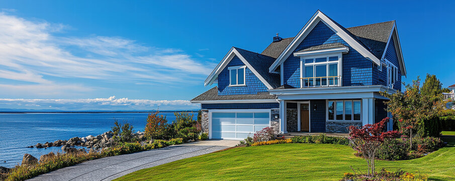 Insurance coverage for property damage and risk assessment, beautiful blue house by sea with well maintained lawn and scenic ocean view