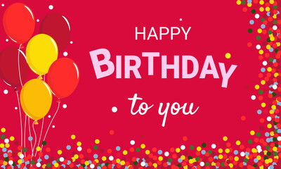 Obraz premium Happy birthday banner for you. Balloons on a pink background with colorful confetti.