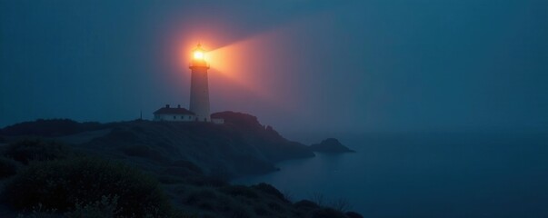 Softly glowing lighthouse beam cutting through foggy night air, fog, coastal, night