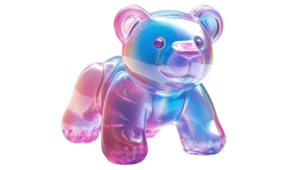 A plastic bear toy in iridescent pink and blue colors, with reflective accents on its arms and face, isolated on a clean white background.
