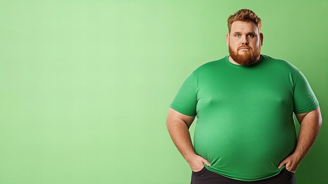 Overweight redhead man in green shirt against a bright green background.  Serious expression.