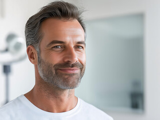 Fototapeta premium Handsome smiling man with grey hair and beard wearing white t-shirt in medical clinic