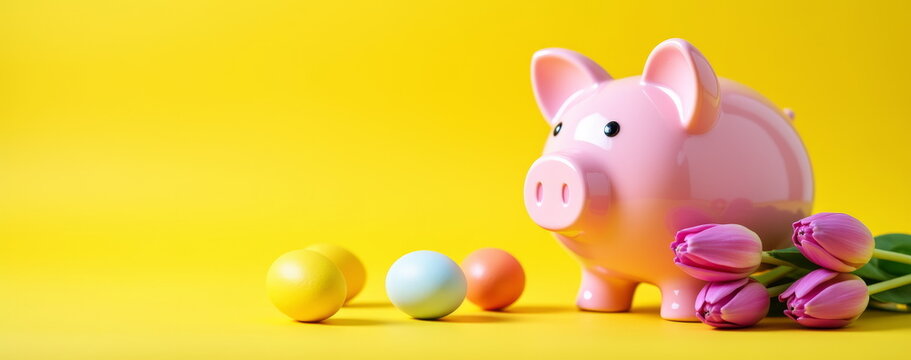 Easter Piggy Bank with Colorful Eggs and Tulips on Vibrant Yellow Background for Spring Holiday Promotions and Financial Planning Blogs - Powered by Adobe
