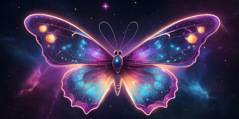 Celestial Butterfly: A vibrant, otherworldly butterfly, its wings shimmering with a cosmic tapestry of stars and nebulas. The image evokes a sense of wonder and fantasy.