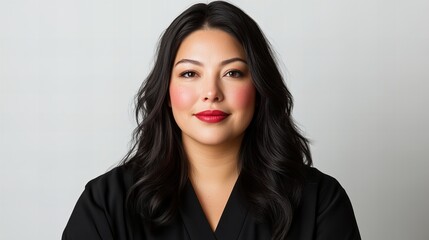 Portrait of a young Asian woman with long, dark hair wearing a black top against a light gray background.