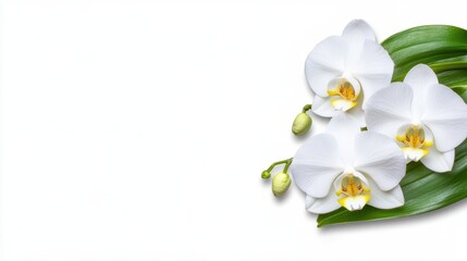Obraz premium Three elegant orchids with green foliage on a plain white background. Close up view with ample space for text or design