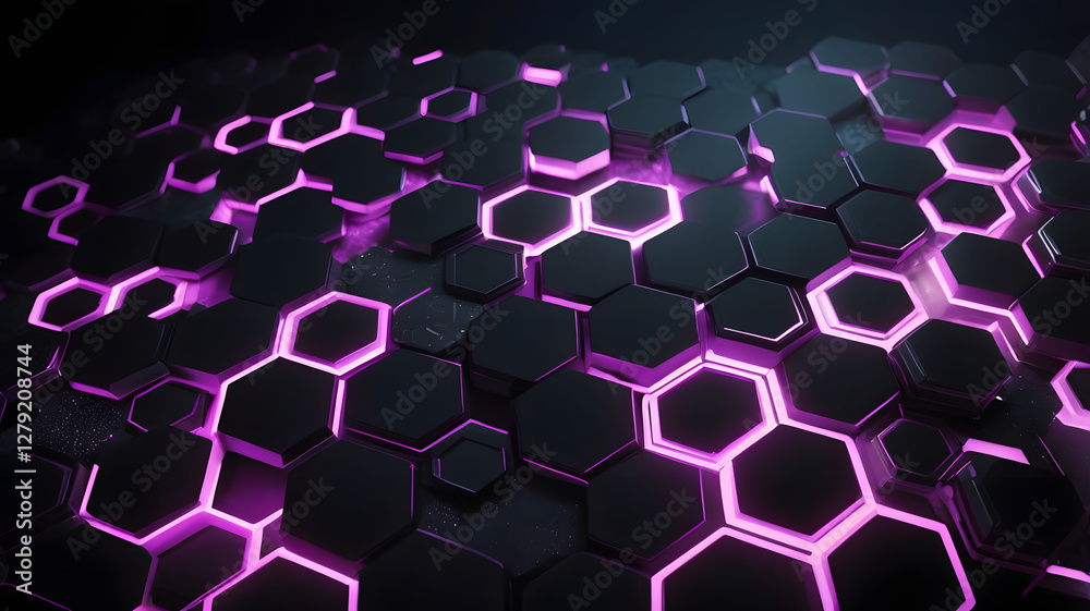 Poster hexagonal abstraction: futuristic hexagonal pattern, featuring glowing purple edges, creating a dyna