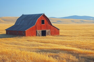 Obraz premium Rustic red barn amidst golden fields rural landscape nature photography tranquil countryside scenic view
