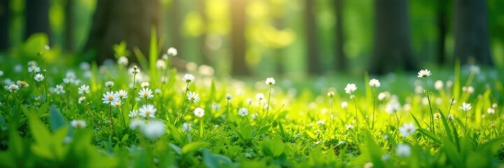 Fototapeta premium White wildflowers and green grass in a sunlit forest clearing, flowers, nature