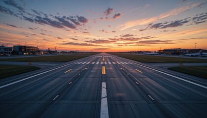Serene Sunset Over Airport Runway with Colorful Sky and Clouds
