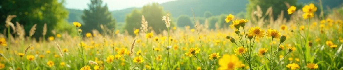 Wildflowers sway gently in the breeze amidst tall grasses, scenery, landscape