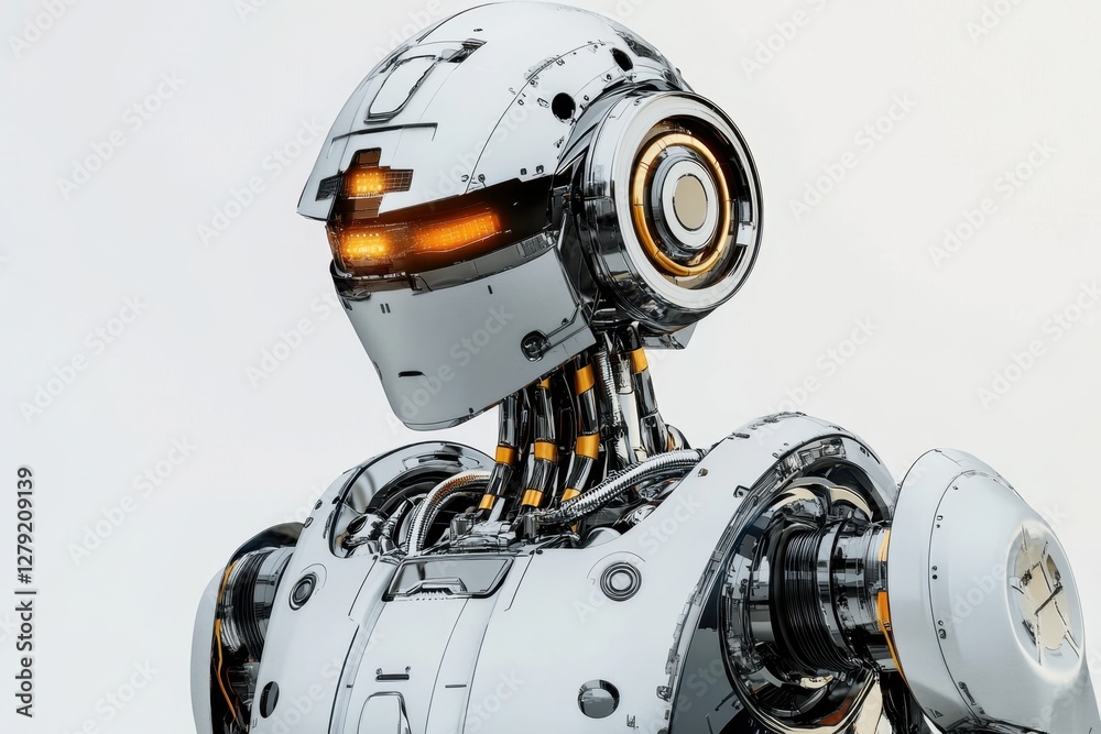 Poster futuristic robot displaying advanced design and technology in a clean environment