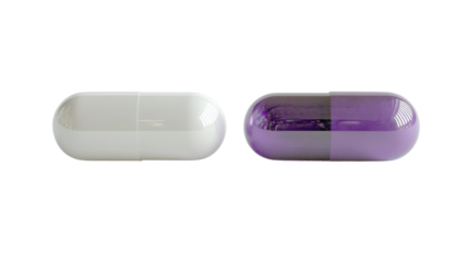 A white and purple pill with a matte finish, isolated on a transparent background with soft shadowing.